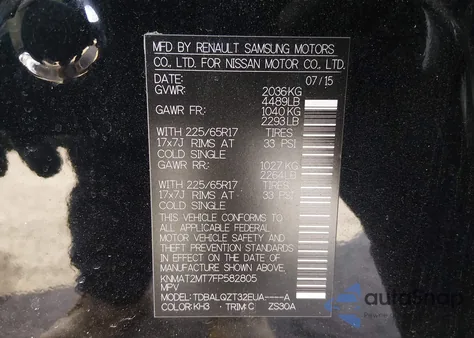 2015 Nissan Rogue Sv z USA, uszkodzony, nr VIN KNMAT2MT7FP582805